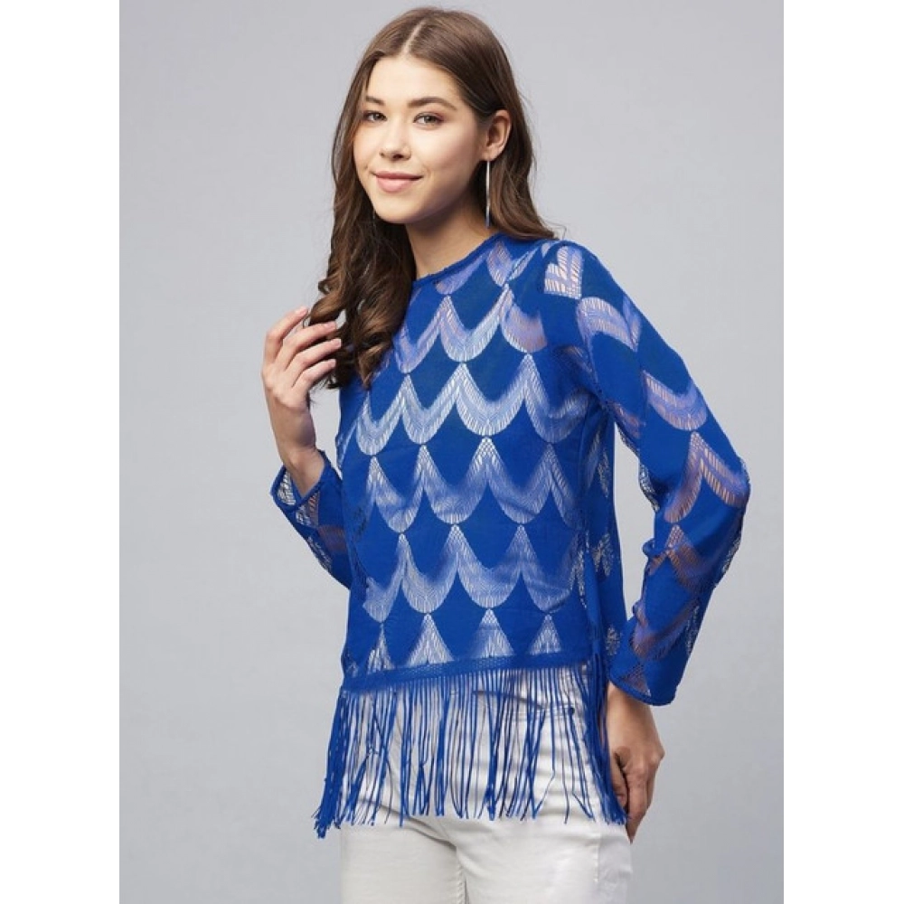 Women's Lace Self Design Long Sleeves Top (Blue)