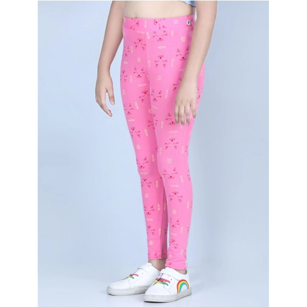 Girl's Cotton Lycra Printed Elasticated Leggings (Pink) Girl's Cotton Lycra Printed Elasticated Leggings (Pink)