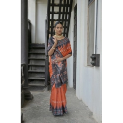 Women's Faux_Tussar Ikat Saree With Unstitched Blouse 5.5Mtr (Orange)