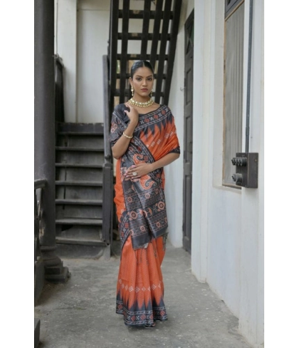 Women's Faux_Tussar Ikat Saree With Unstitched Blouse 5.5Mtr (Orange)