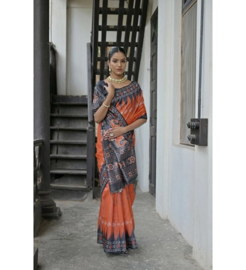 Women's Faux_Tussar Ikat Saree With Unstitched Blouse 5.5Mtr (Orange)