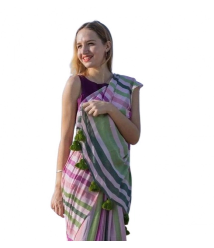 Women's Linen Printed Saree With Unstitched Blouse 5.5Mtr (Pink)