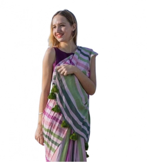 Women's Linen Printed Saree With Unstitched Blouse 5.5Mtr (Pink)