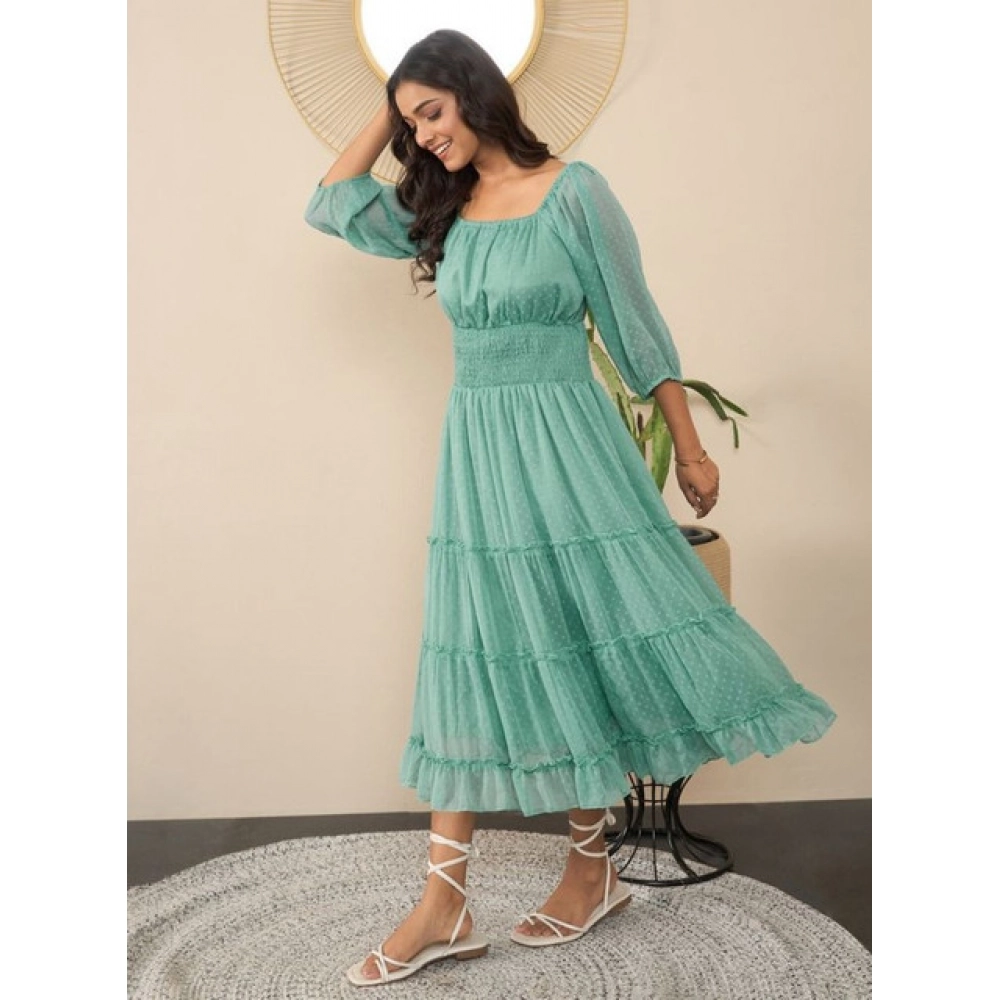 Women's Chiffon Solid Puff Sleeve Dress (Green)