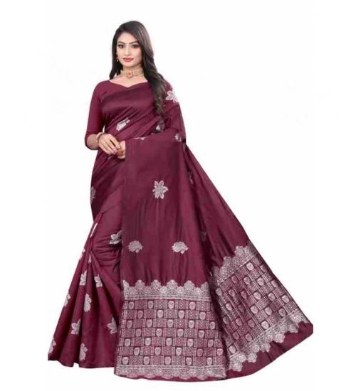 Women's Soft Lichi Silk Printed Saree With Unstitched Blouse 5.5Mtr (Wine)