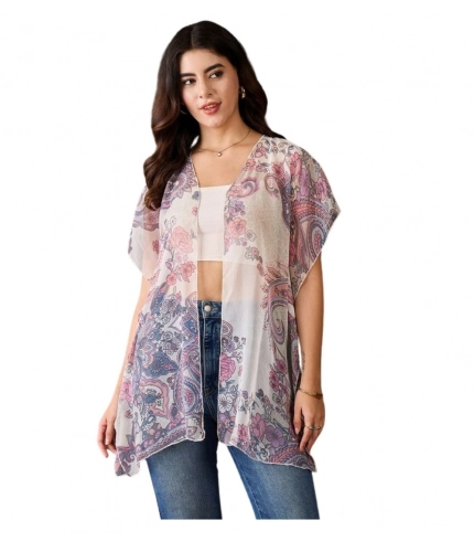 Women's Chiffon Printed Short Sleeves Shrug (White - Purple)
