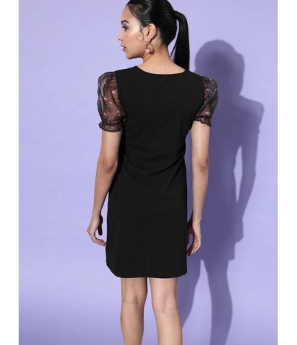 Women's Organza And Polyester Lycra Floral Short Sleeve Dress (Black)