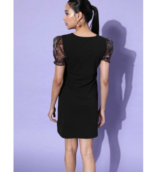 Women's Organza And Polyester Lycra Floral Short Sleeve Dress (Black) Women's Organza And Polyester Lycra Floral Short Sleeve Dress (Black)