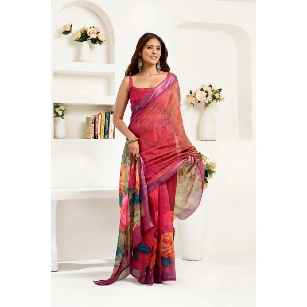 Women's Linen Cotton Printed Ready To Wear Saree With Unstitched Blouse 5.5 Mtr (Pink)