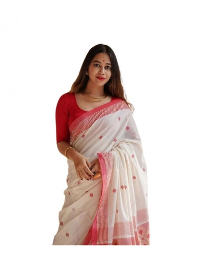 Women's Soft Lilan Printed Saree With Unstitched Blouse 5.5Mtr (White)