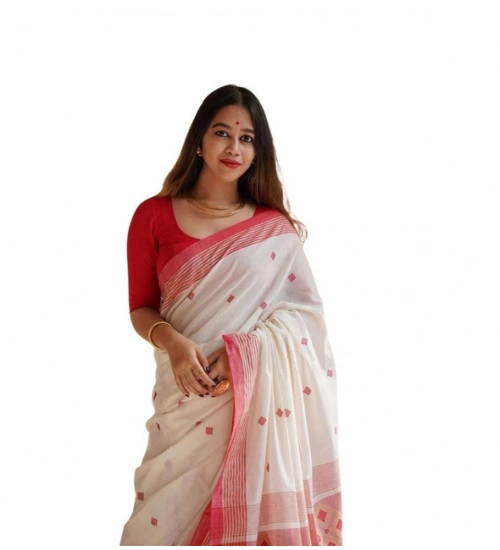 Women's Soft Lilan Printed Saree With Unstitched Blouse 5.5Mtr (White)