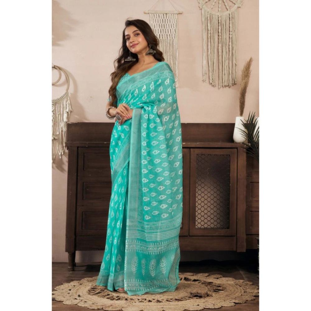 Women's Linen Cotton Printed Ready To Wear Saree With Unstitched Blouse 5.5 Mtr (Sea_Green)