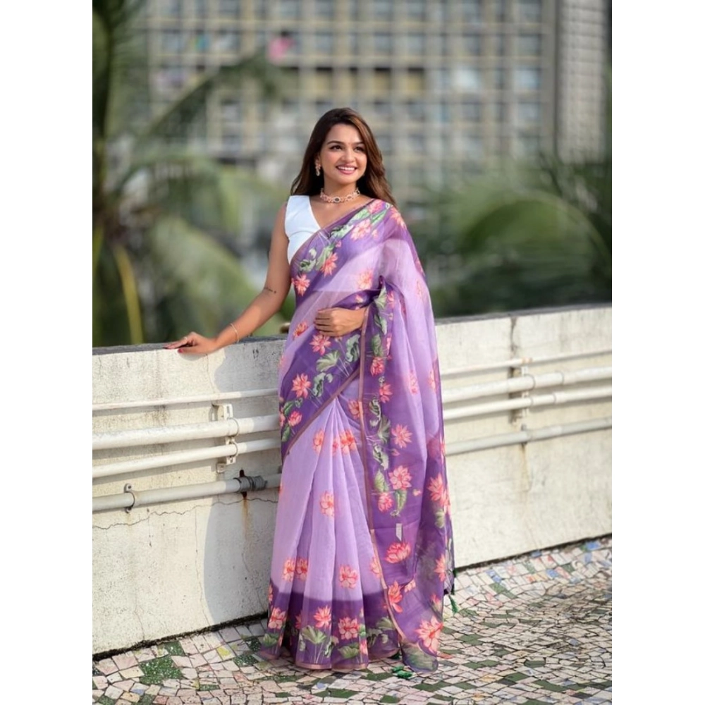 Women's Linen Printed Saree With Unstitched Blouse 5.5Mtr (Purple)
