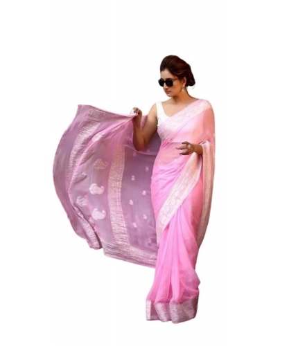 Women's Soft Lichi Silk Printed Saree With Unstitched Blouse 5.5Mtr (Pink)