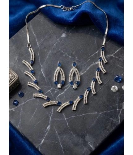 Women's Brass Silver Plated Necklace set (Blue)