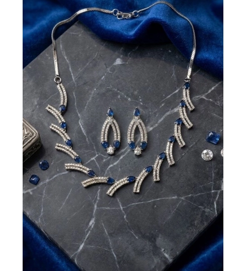 Women's Brass Silver Plated Necklace set (Blue)