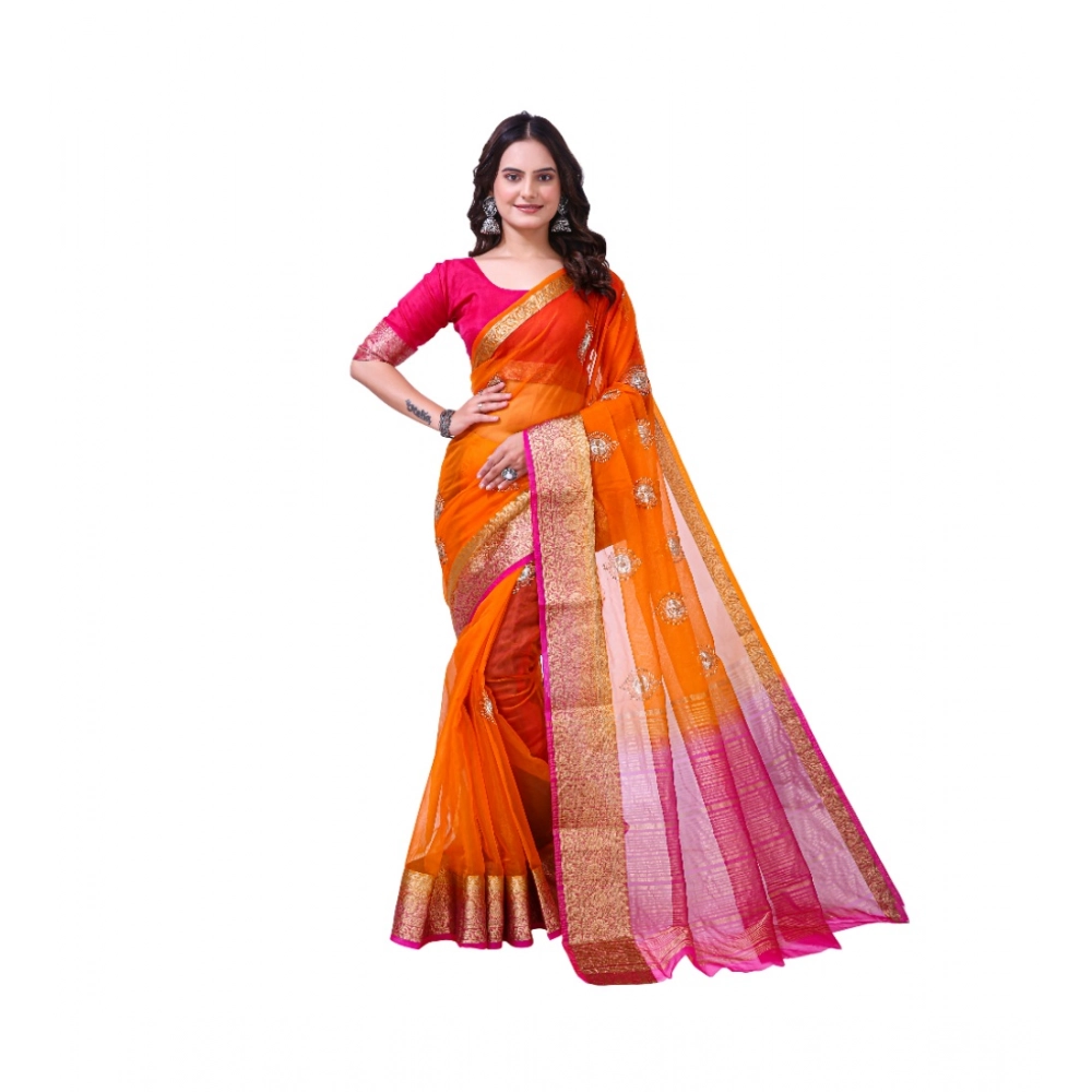 Women's Organza jacquard Embellished Saree With Unstitched Blouse 5.5Mtr (Orange) Women's Organza jacquard Embellished Saree With Unstitched Blouse 5.5Mtr (Orange)