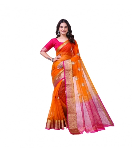 Women's Organza jacquard Embellished Saree With Unstitched Blouse 5.5Mtr (Orange)