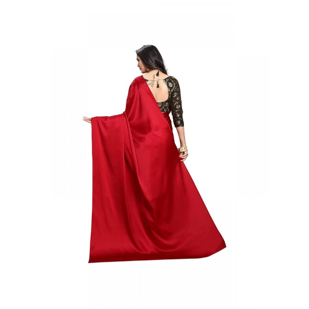 Women's Satin Solid Saree With Unstitched Blouse 5.5Mtr (Red)