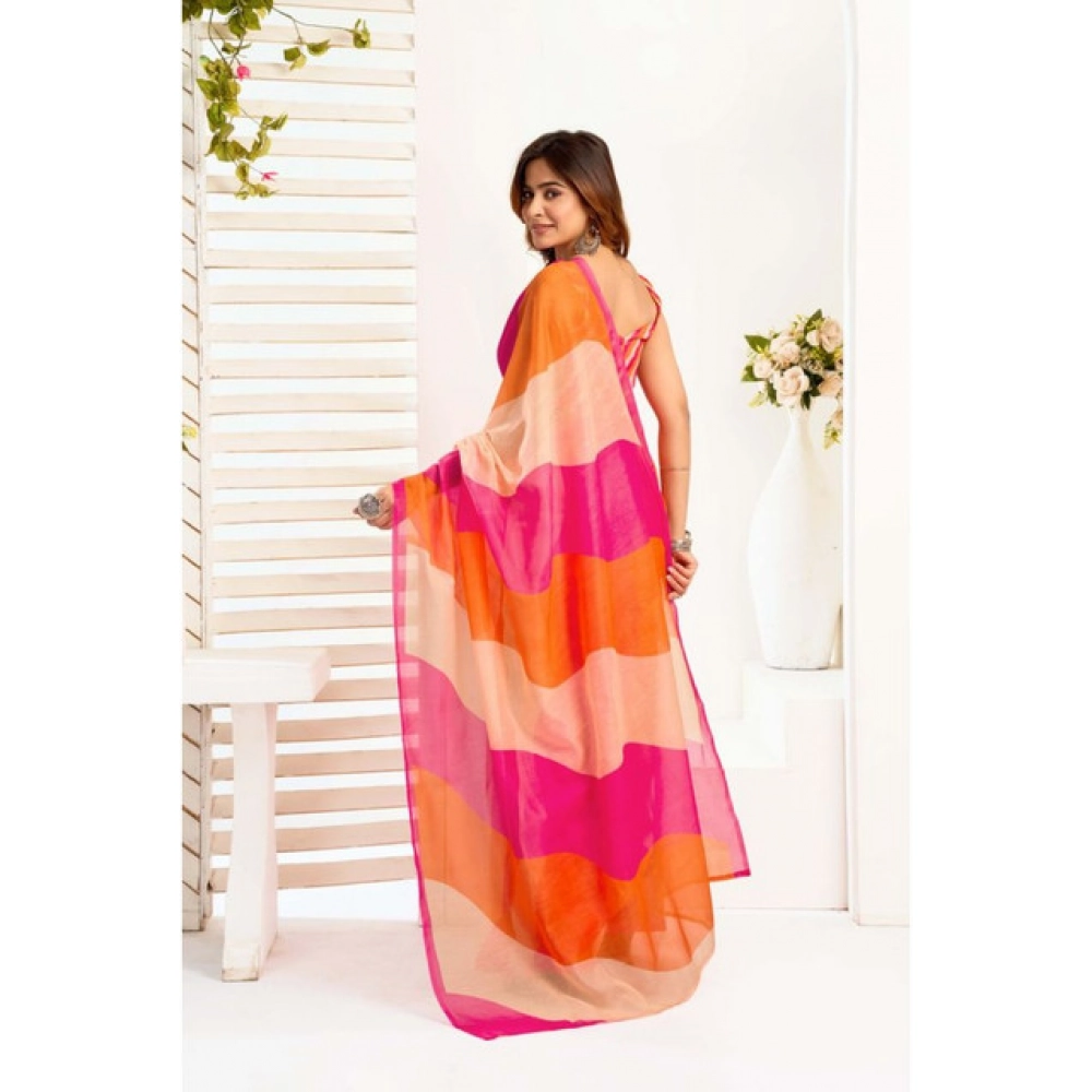 Women's Linen Cotton Printed Ready To Wear Saree With Unstitched Blouse 5.5 Mtr (Multicolor)