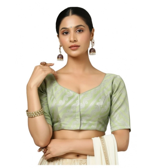 Women's Jacquard Zari Round Neck Padded Blouse (Light Green 38 Ready (Self Alterable 36–40)