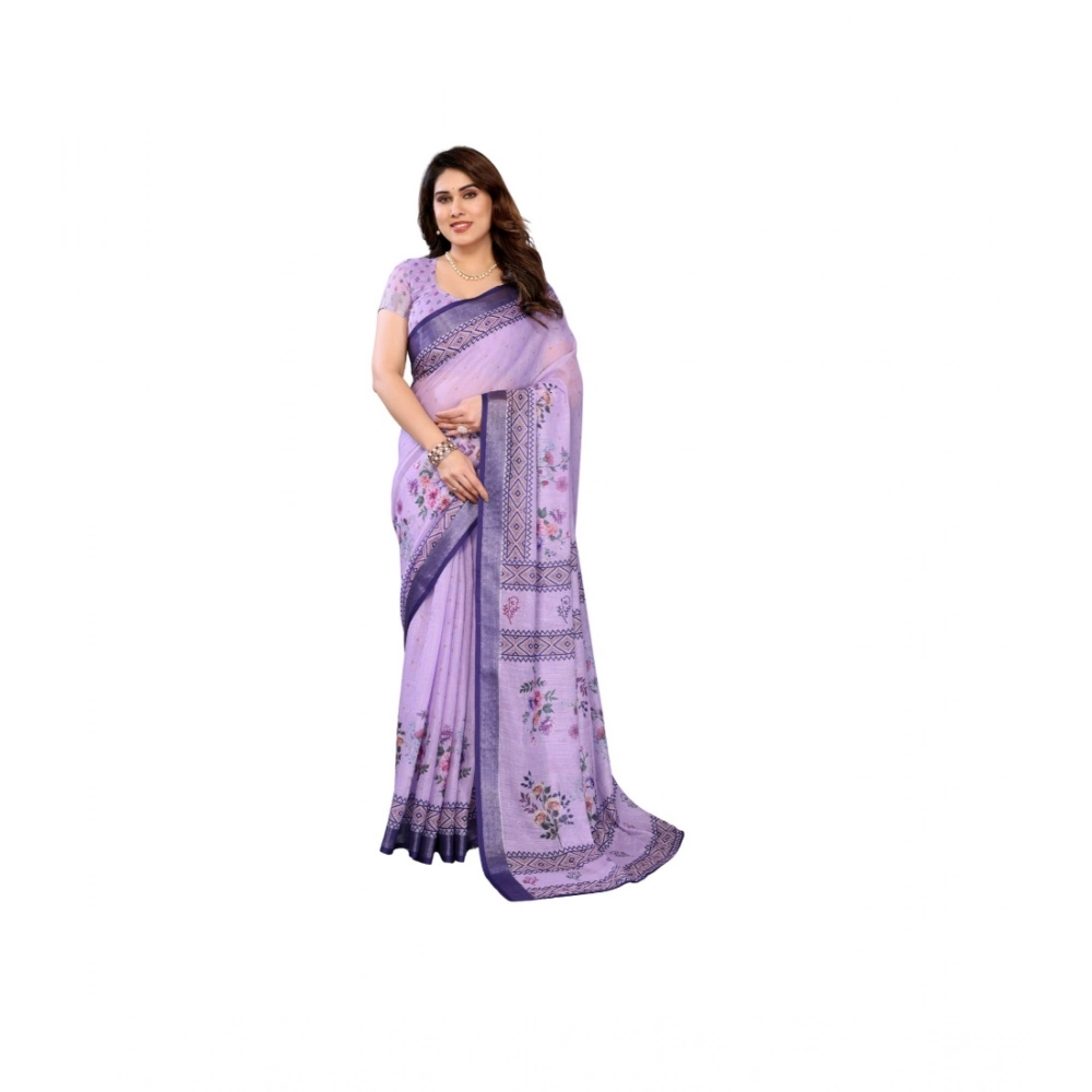 Women's Linen Cotton  Printed Saree With Unstitched Blouse 5.5Mtr (Purple)