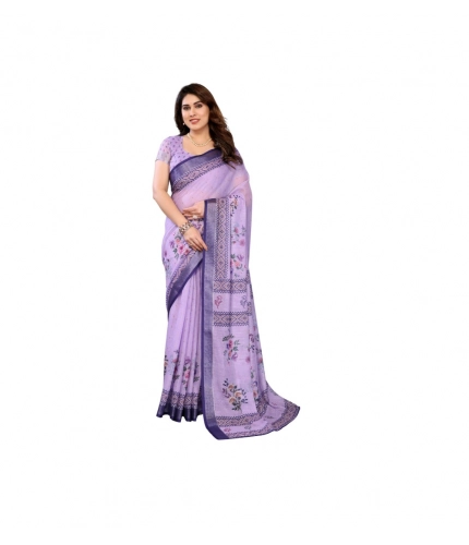 Women's Linen Cotton  Printed Saree With Unstitched Blouse 5.5Mtr (Purple)