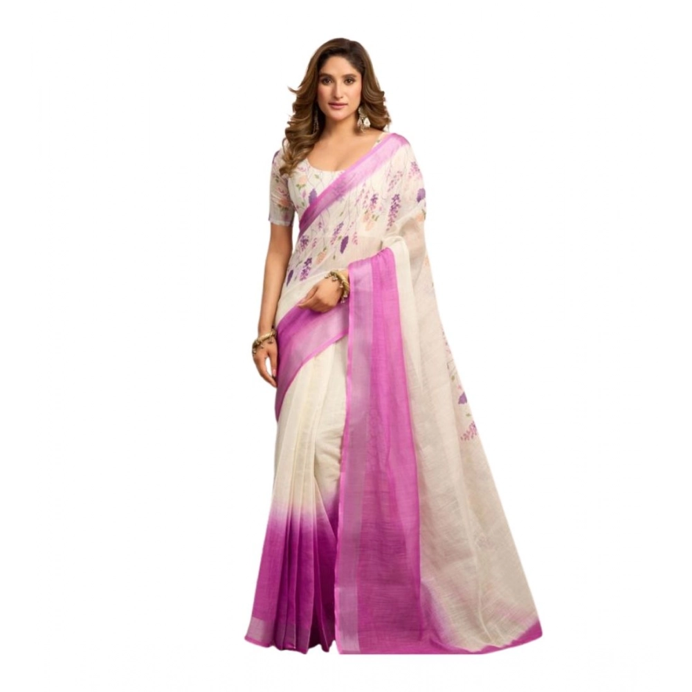 Women's Linen Cotton Printed Ready To Wear Saree With Unstitched Blouse 5.5 Mtr (Off_White)