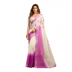 Women's Linen Cotton Printed Ready To Wear Saree With Unstitched Blouse 5.5 Mtr (Off_White)