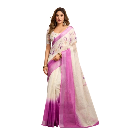 Women's Linen Cotton Printed Ready To Wear Saree With Unstitched Blouse 5.5 Mtr (Off_White)