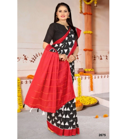 Women's Soft Pure Cotton Printed Saree With Unstitched Blouse 5.5Mtr (Black)