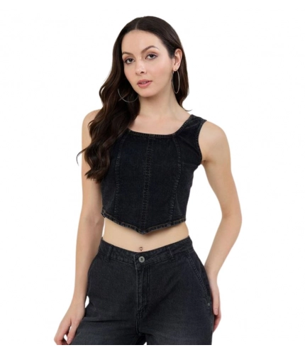 Women's Denim Lycra Solid Sleeveless Top (Black)