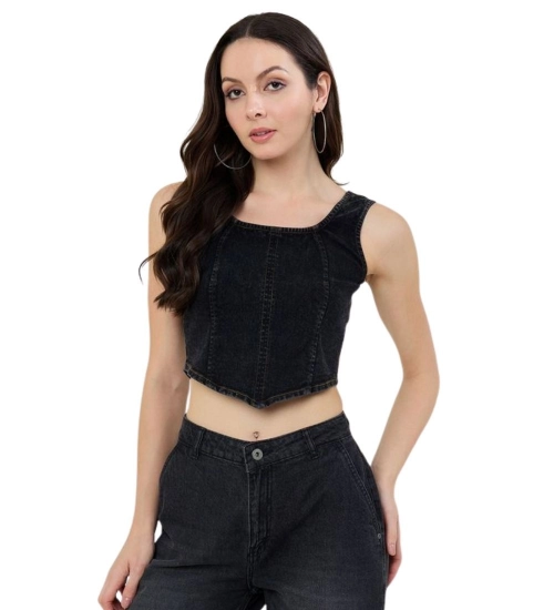 Women's Denim Lycra Solid Sleeveless Top (Black)