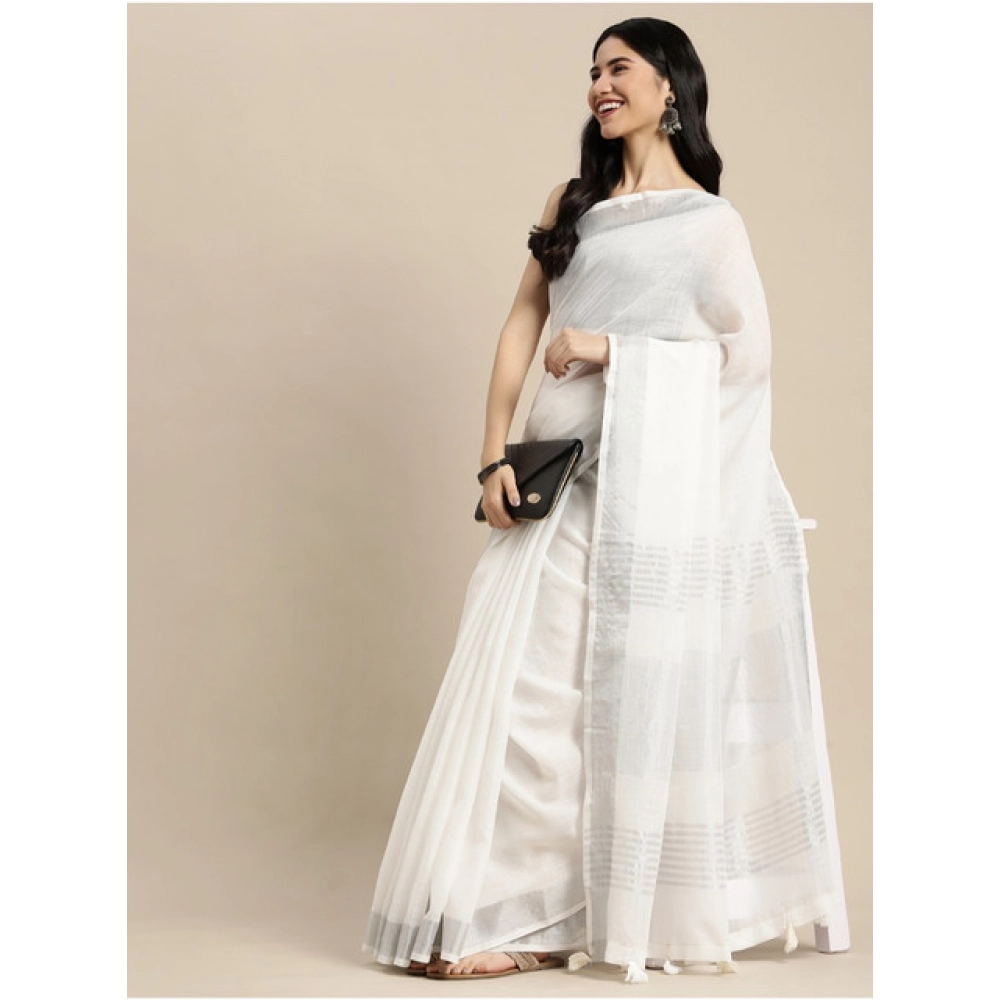 Women's Linen Cotton Printed Saree With Unstitched Blouse 5.5Mtr (White) Women's Linen Cotton Printed Saree With Unstitched Blouse 5.5Mtr (White)