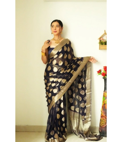 Women's Litchi silk Printed Saree With Unstitched Blouse (Black) Women's Litchi silk Printed Saree With Unstitched Blouse (Black)