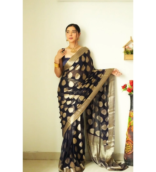 Women's Litchi silk Printed Saree With Unstitched Blouse (Black)