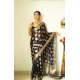 Women's Litchi silk Printed Saree With Unstitched Blouse (Black)