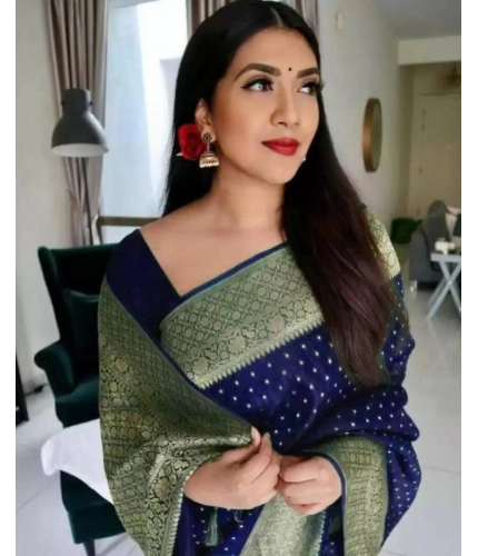 Women's Litchi silk Printed Saree With Unstitched Blouse (Blue) Women's Litchi silk Printed Saree With Unstitched Blouse (Blue)