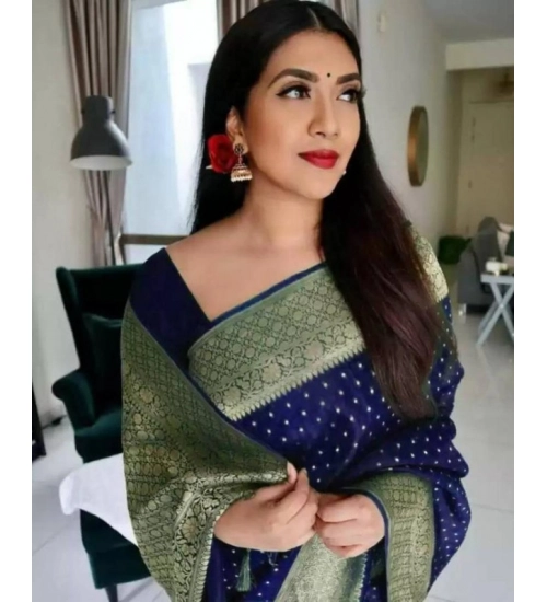 Women's Litchi silk Printed Saree With Unstitched Blouse (Blue)