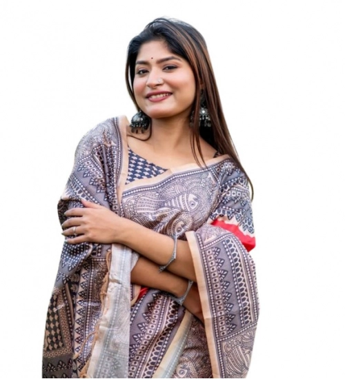 Women's Faux_Tussar Geometric_Print Saree With Unstitched Blouse 5.5Mtr (Orange)