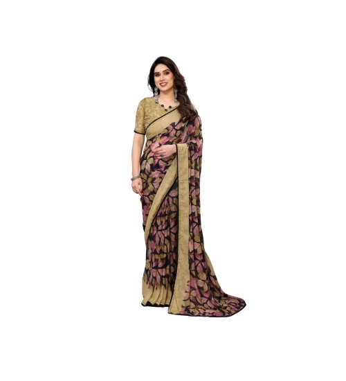 Women's Chiffon Printed Saree With Unstitched Blouse 5.5Mtr (Beige)