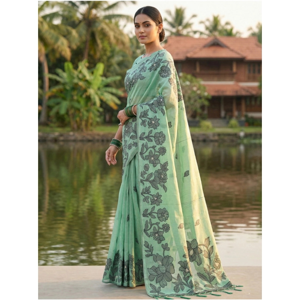 Women's Linen Cotton Printed Saree With Unstitched Blouse 5.5Mtr (Rama Green) Women's Linen Cotton Printed Saree With Unstitched Blouse 5.5Mtr (Rama Green)
