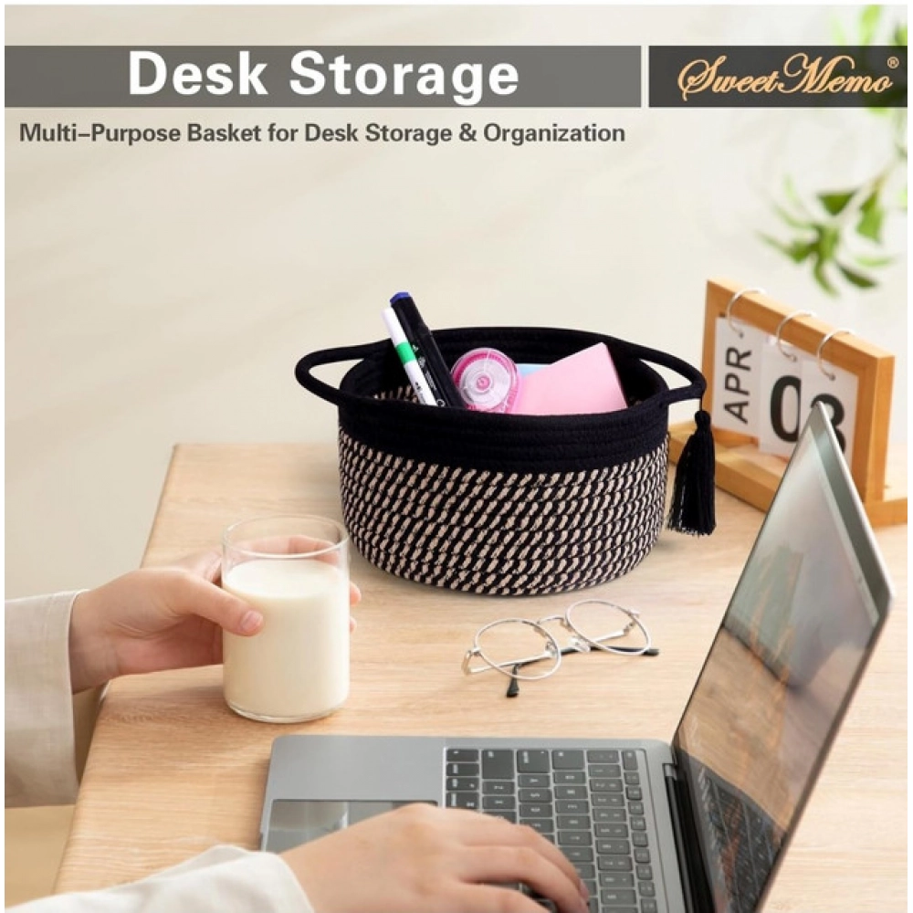 Cotton 8x4 Inch Round 2 Set With Jhalar Bedside Organizer (Black Beige)