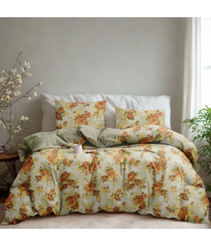 Microfiber Floral Printed Double Bedsheet with 2 Pillow Covers (Beige)