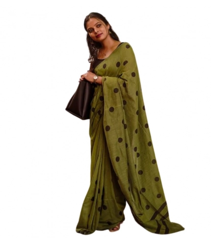 Women's Linen Printed Saree With Unstitched Blouse 5.5Mtr (Green)