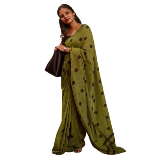 Women's Linen Printed Saree With Unstitched Blouse 5.5Mtr (Green)