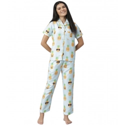 Women's Cotton Blend Printed Short Sleeve Night Suit (Blue-Yellow)