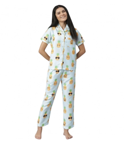 Women's Cotton Blend Printed Short Sleeve Night Suit (Blue-Yellow)