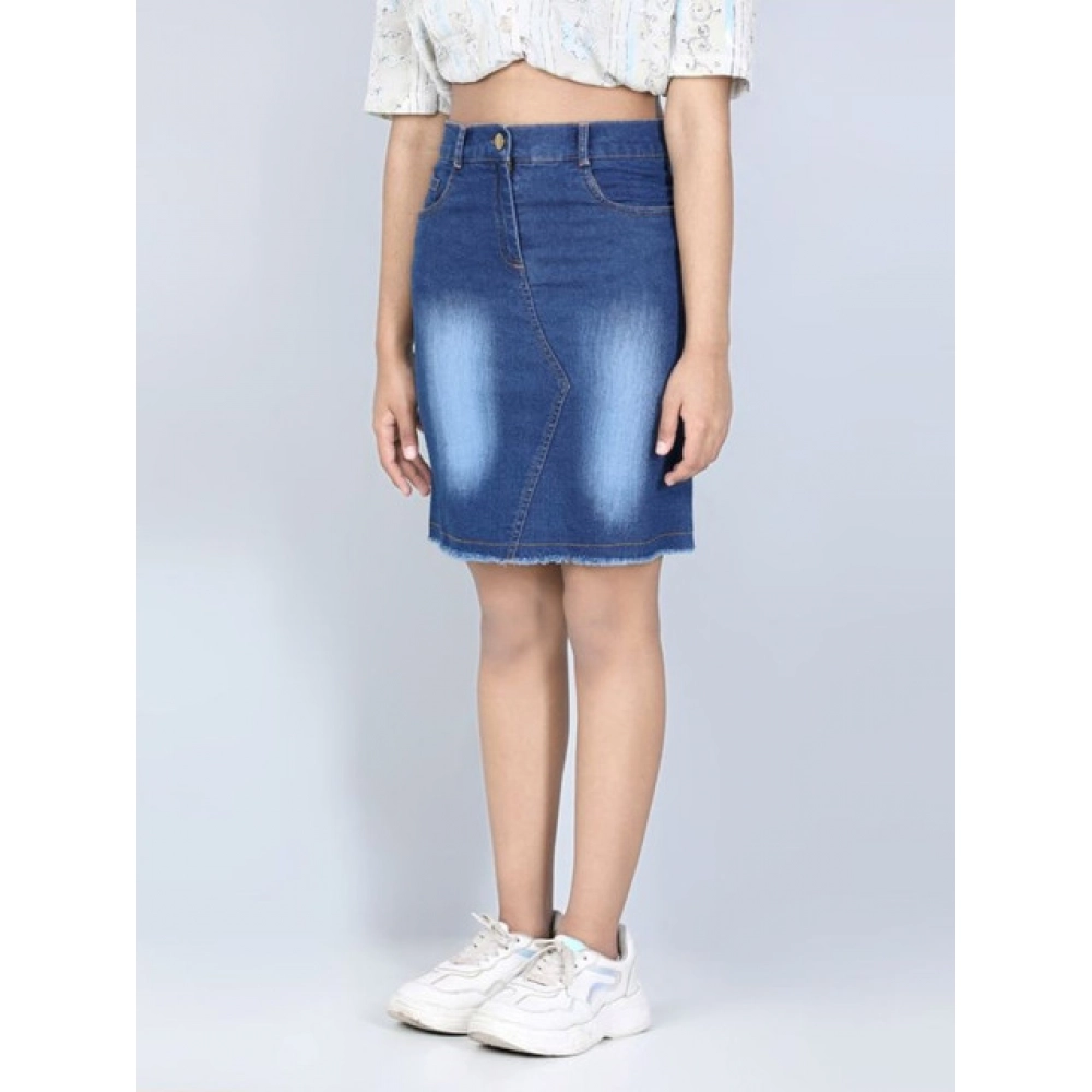 Girl's Denim Solid Buttoned Skirt (Blue) Girl's Denim Solid Buttoned Skirt (Blue)