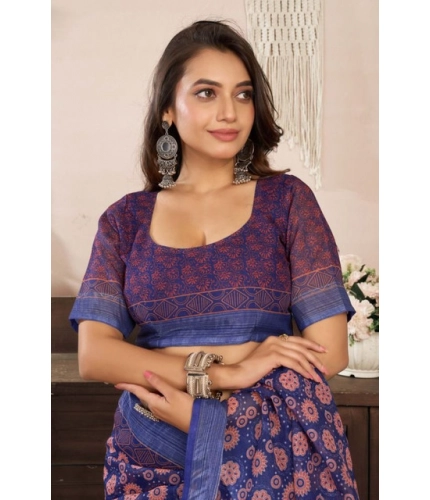 Women's Faux Linen Floral Print Ready to wear Saree With Unstitched Blouse 5.5Mtr (Dark_NavyBlue)